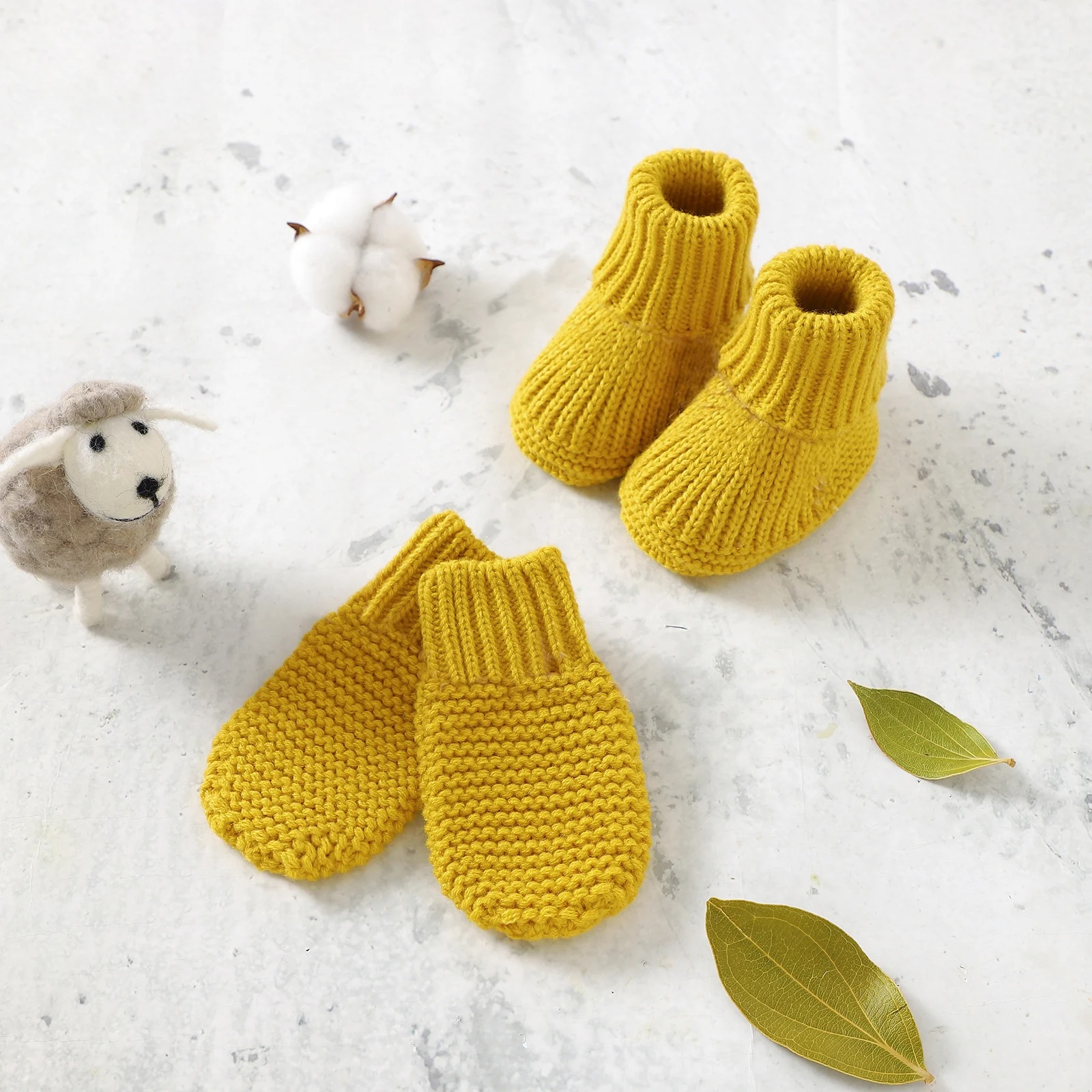 Cotton Knit Mittens and Booties - Mustard
