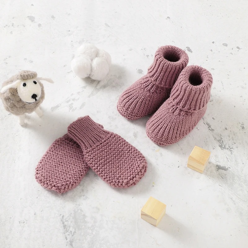 Cotton Knit Mittens and Booties - Blush