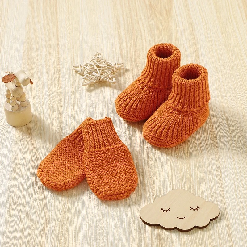 Cotton Knit Mittens and Booties - Sunset