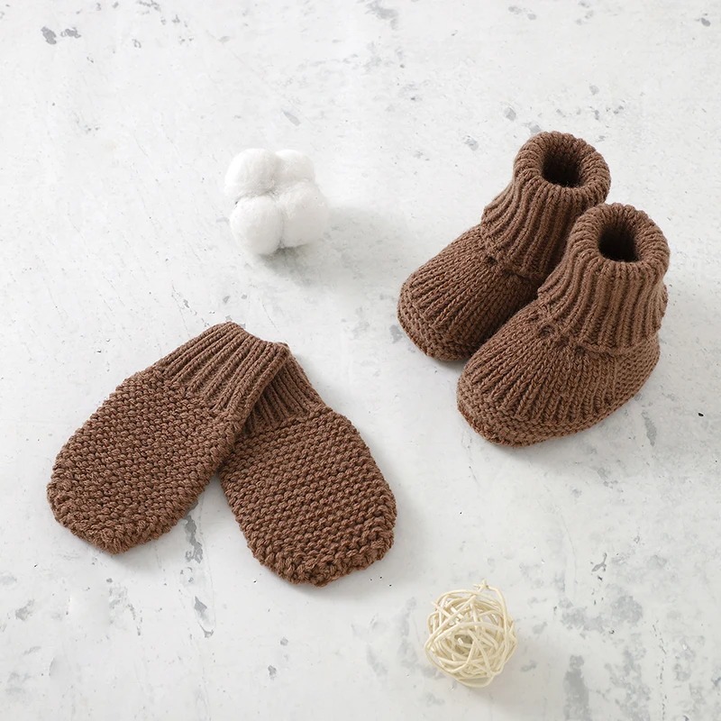 Cotton Knit Mittens and Booties - Mocha