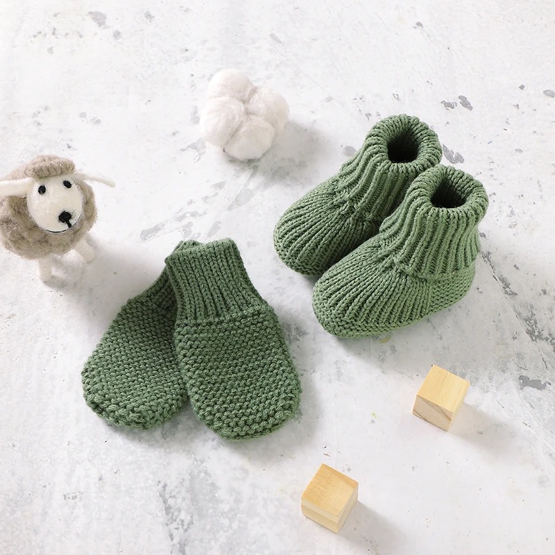 Cotton Knit Mittens and Booties - Moss