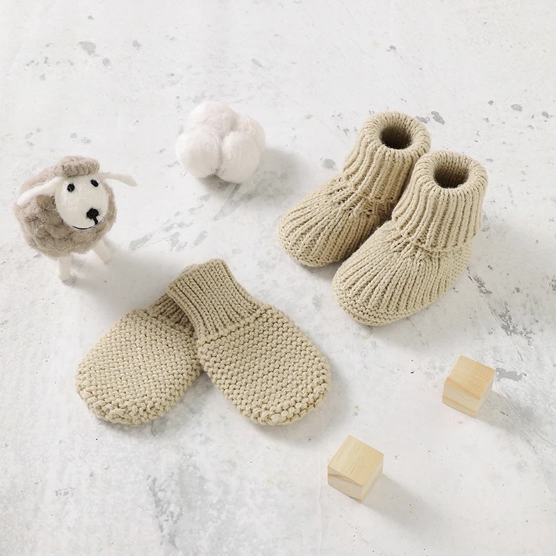 Cotton Knit Mittens and Booties - Latte