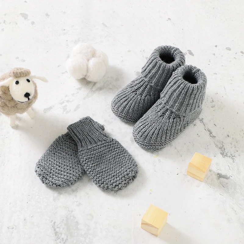 Cotton Knit Mittens and Booties - Ash